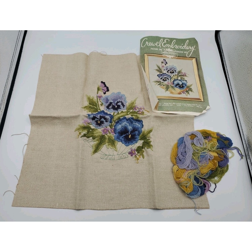 Vtg Elsa Williams Crewel Embroidery Kit Bowl of Blue Pansy Flowers INCOMPLETE